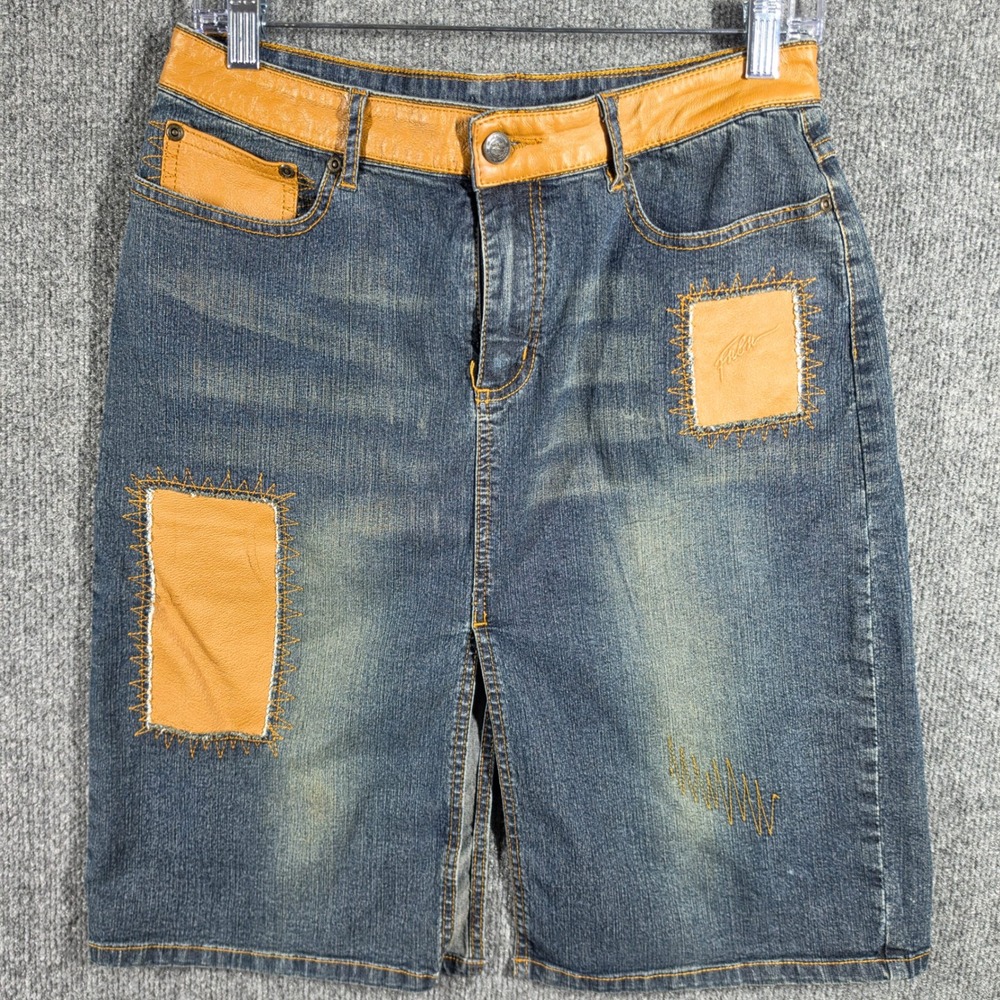 FUBU Denim Midi Skirt Womens 9/10 Blue Faux Leather‎ Patchwork Y2K Streetwear